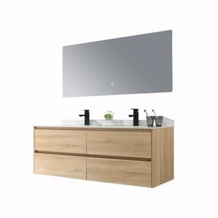 Meuble De Salle De Bain Double Vasque 140cm Bois Et Blanc Effet Marbre Avec Miroir LED