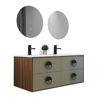 Meuble De Salle De Bain Double Vasque 120cm Bois Et Vert Avec Miroir LED