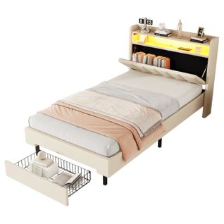 Lit Enfant Lit Jeune 90x200cm Avec Tête De Lit Coffre, LED Et USB, Coton Et Lin, Beige