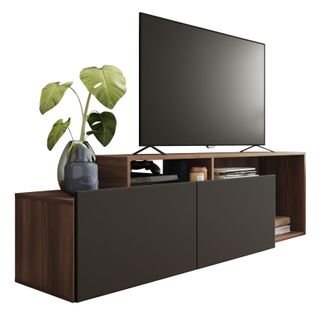 Meuble TV 50 Pouces 2 Abattants Noir Et Chêne Foncé L 164 H 46.5 P 37.5 Cm