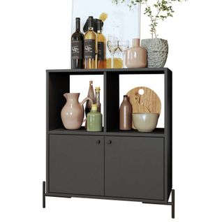 Buffet Armoire 2 Portes 4 Niches Noir Sur Pieds Métal Ronds L 74.5 H 79 P 35 Cm