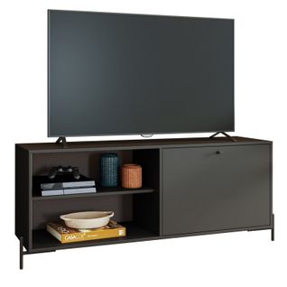 Meuble TV Bar 60 Pouces Noir 1 Porte 4 Niches Pieds Métal Ronds L 142 H 56 P 35 Cm