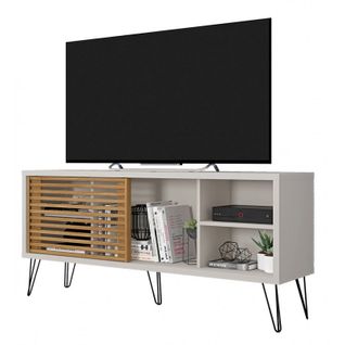 Meuble TV 55 Pouces Pieds Métal Blanc Ecru Chêne L 136 H 62 P 36 Cm