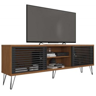 Meuble TV 72 Pouces Chêne Et Noir 4 Niches 2 Portes L 180 H 65 P 33 Cm