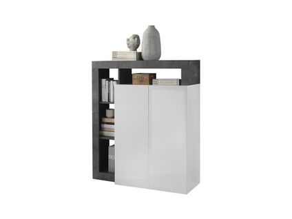 Buffet Haut Sefro - 2 Portes Et 4 Niches - Blanc Laqué Et Béton
