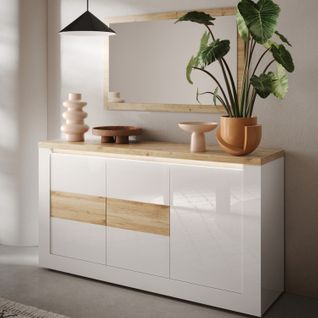Buffet LED 3 portes 160 cm ISCHIA imitation chêne et blanc