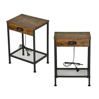 Lot De 2 Tables De Chevet Avec Station De Charge Et 4 Ports USB Bouts De Canapé, Marron, 38x28x52cm