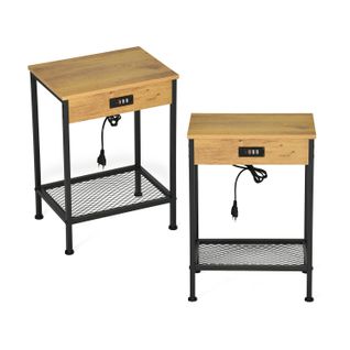 Lot De 2 Table D'appoint Avec Station De Charge Et 4 Ports USB Tables De Chevet , Chêne, 38x28x52cm