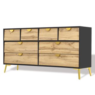 Buffet Scandinave 8 Tiroirs Bois Et Noir – Pieds Métal Doré – Meuble De Rangement Élégant