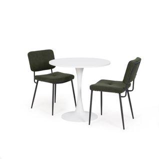 Table à manger ronde blanche avec 2 chaises vert foncé style moderne pieds en métal noir
