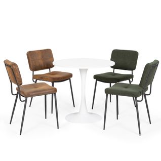 Table à Manger Ronde Blanche + 4 Chaises Marron et Vert Style Industriel Pieds Métal Noir