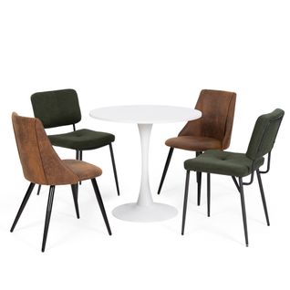 Table ronde blanche tulipe 80 cm avec 2 chaises vertes et 2 marron style industriel