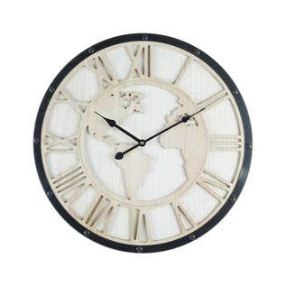 Grande Horloge Murale Monde Rétro, Noir Blanc Shabby, Chiffres Romaine 50 Cm