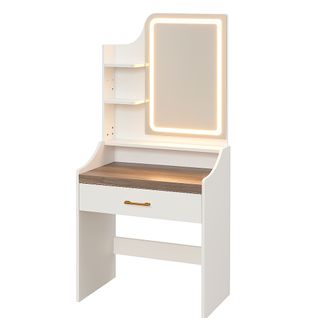 Afrodite - Coiffeuse Avec Lumière LED, Tiroir, 3 Étagères Et Prises, En Bois Blanc