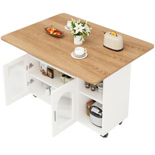 Buffet 120×30×79,5cm, Meuble De Cuisine Moderne, Plateau De Table Pliant, Avec Roulettes, Mdf, Blanc