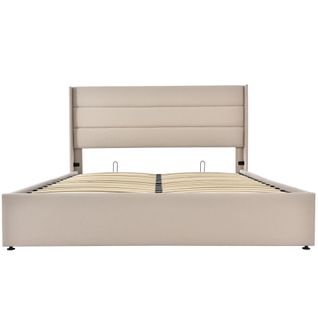 Lit Adulte Lit Double Coffre Hydraulique 140x200 Cm  En Métal Et Lin - Beige