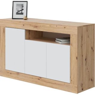 Buffet - Baltik - Mélaminé 3 Portes + 1 Niche De Rangement - Chene Nodi Et Blanc - L 144xp44xh87 Cm