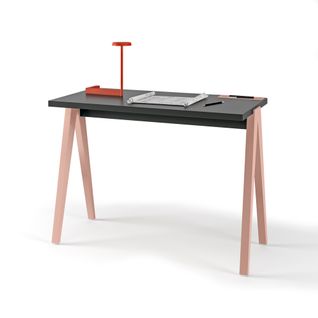 Bureau Fabriqué En Mélamine Avec Pieds En Hêtre Massif, Modèle Compas En Couleur Graphite Et Rose