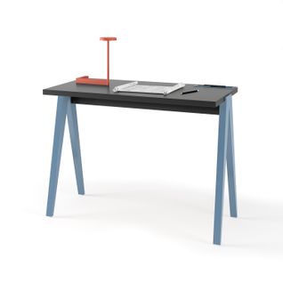 Bureau Fabriqué En Mélamine Avec Pieds En Hêtre Massif, Modèle Compas En Couleur Graphite Et Bleu