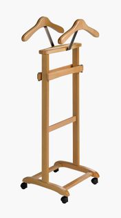 Valet De Nuit En Hêtre Massif Laqué Et Métal Chromé, Modèle Double, Couleur Chêne Clair.