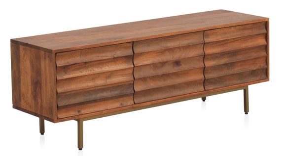 Meuble TV 3 Portes En Bois De Manguier Massif Et Pieds En Métal Doré