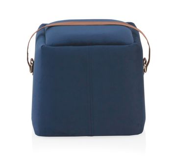 Pouf Tapissé En Velours Bleu Avec Poignée En Simili Cuir