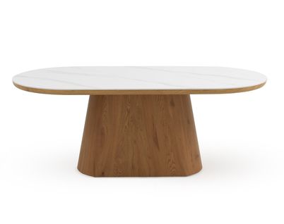 Table De Salle à Manger Ovale En Placage De Chêne Avec Plateau En Céramique Blanc Calacatta