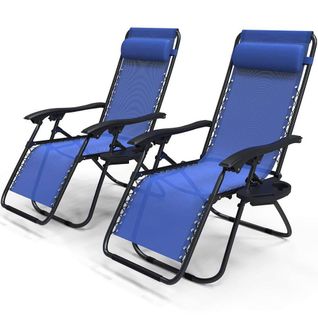 Lot De 2 Chaise Longue Inclinable En Textilene Avec Porte Gobelet Et Portable Bleue
