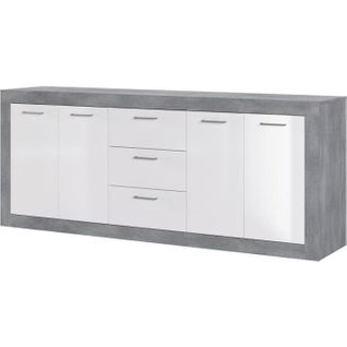 Stone Buffet - 4 Portes + 3 Tiroirs - Décor Béton Et Blanc - L 206 X P 45 X H 83,4 Cm