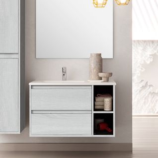 Meuble De Salle De Bain 80cm Vasque Déportée - Sans Miroir - Olympe - Hibernian (bois Blanchi)