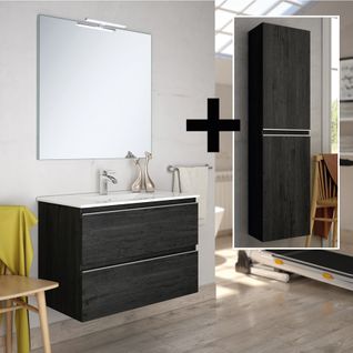 Meuble De Salle De Bain 100cm Simple Vasque + Colonne De Rangement - Balea - Ebony (bois Noir)