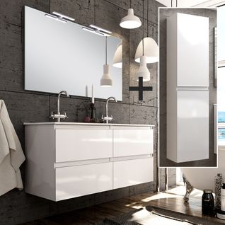 Meuble De Salle De Bain 140cm Double Vasque + Colonne De Rangement - Balea - Blanc