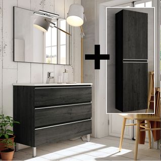 Meuble De Salle De Bain 100cm Simple Vasque + Colonne De Rangement Palma - Ebony (bois Noir)