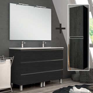 Meuble De Salle De Bain 140cm Double Vasque + Colonne De Rangement Palma - Ebony (bois Noir)