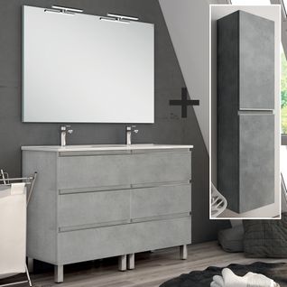 Meuble De Salle De Bain 140cm Double Vasque + Colonne De Rangement Palma - Ciment (gris)