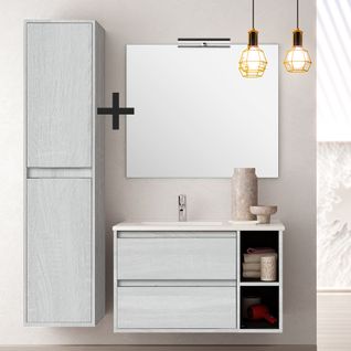 Meuble De Salle De Bain 80cm Vasque Déportée + Colonne De Rangement Olympe - Bois Blanchi