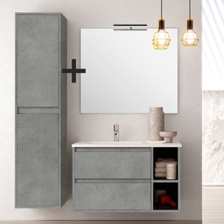 Meuble De Salle De Bain 80cm Vasque Déportée + Colonne De Rangement Olympe - Ciment (gris)