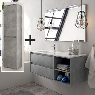 Meuble De Salle De Bain 120cm Vasque Déportée + Colonne De Rangement Olympe - Ciment (gris)