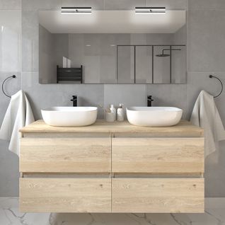 Meuble De Salle De Bain Avec Vasques Arrondies Balea Et Miroir Appliques - Chêne Clair- 120cm