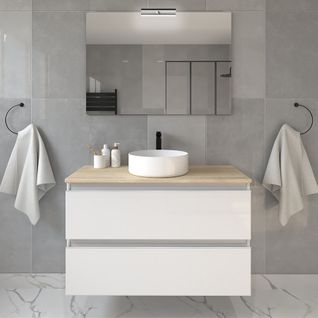 Meuble De Salle De Bain  Avec Vasque à Poser Ronde Et Miroir Avec Applique Balea - Blanc - 80cm