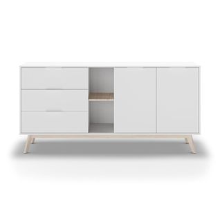 Buffet 2 Portes, 2 Niches, 3 Tiroirs Blanc Et Pin Massif - L165 Cm