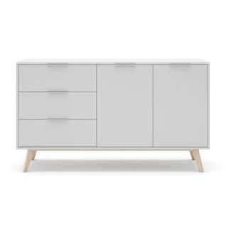 Buffet 2 Portes, 3 Tiroirs Blanc Et Pin Massif - L140 Cm