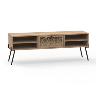 Meuble TV 1 Porte, 4 Niches Décor Chêne Et Pieds En Métal - L140 Cm