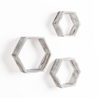 Set De 3 Etagères Murales Nuno Hexagonales Blanc, Bois De Paulownia