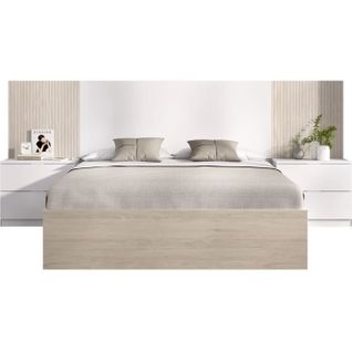 Ensemble Structure De Lit + Tête, 2 Tables De Nuit + 2 Tiroirs - Loma - 160 X 200 Cm - Chêne/blanc