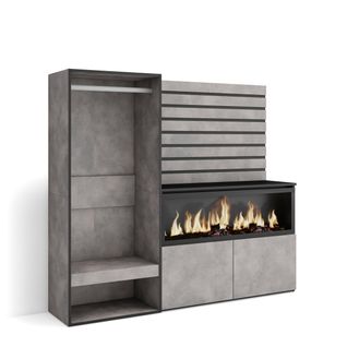 Buffet, 167x35x145cm, Cheminée Électrique XXL, Vestiaire Ouvert, Gris Ciment