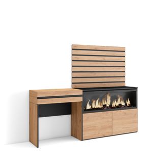 Coiffeuse, 177x35x145 Cm, Cheminée Électrique XXL, Panneaux Muraux En Bois, Chêne