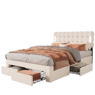 Lit Adulte Lit 2 Place 140x200 Cm Avec Éclairage Et 4 Tiroirs, Velours, Beige
