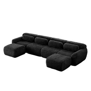 Canapé Modulable, 4 Places, Sans Assemblage Requis, Revêtement En Tissu Effet Fausse Fourrure, Noir