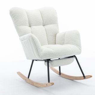 Fauteuil à Bascule Rembourré En Tissu Teddy Avec Repose-pieds Rétractable, Blanc